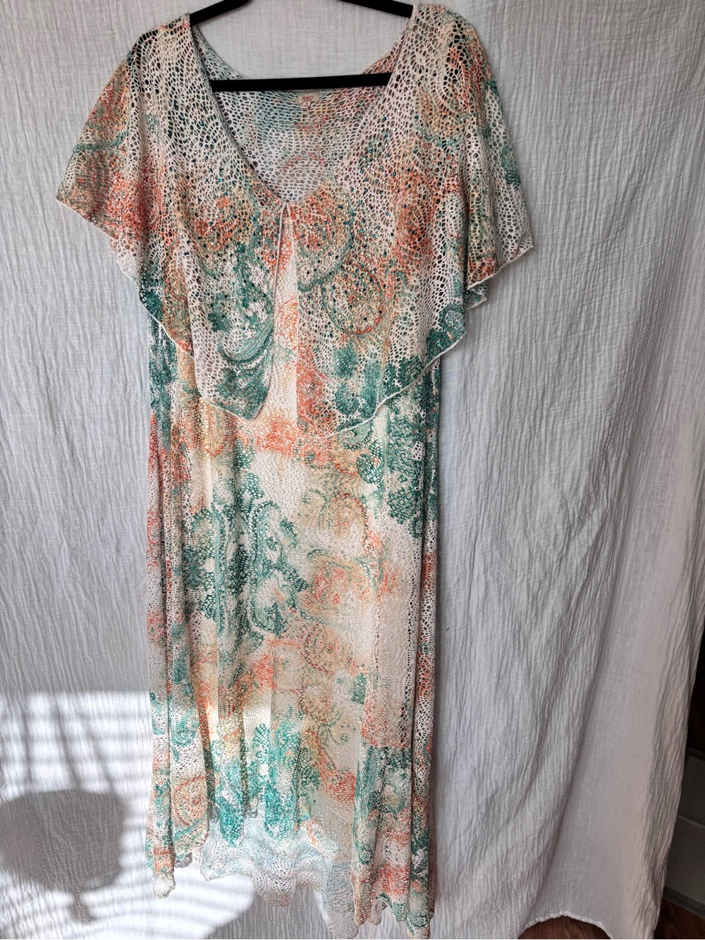 Reba Open Weave Multi Colored Maxi Dress in Cream, Teal & Peach Sherbet Colors